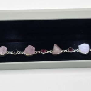 Pulsera cuarzo rosa y granate facetado plata